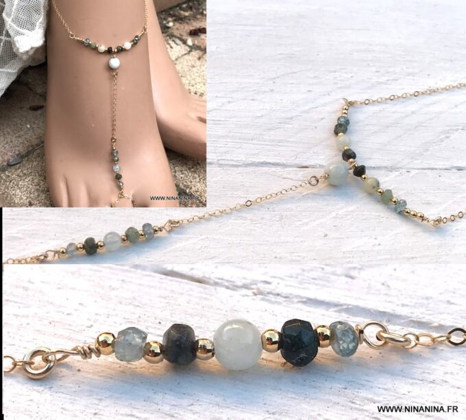 N6659c Chaine pied plaqué or aiguemarine émeraude et zircon bleu - Bijoux Chaines en ligne Ninanina