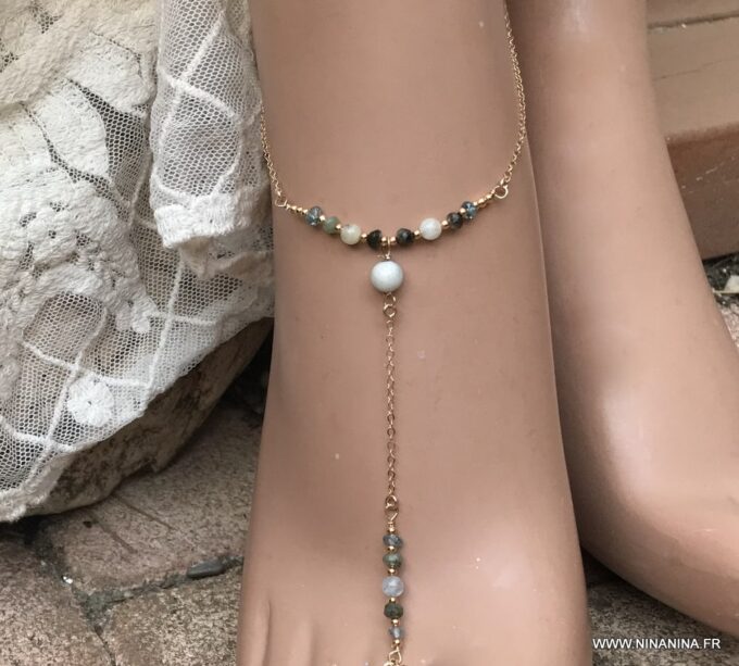 N6659d Chaine pied plaqué or aiguemarine émeraude et zircon bleu - Bijoux Chaines en ligne Ninanina