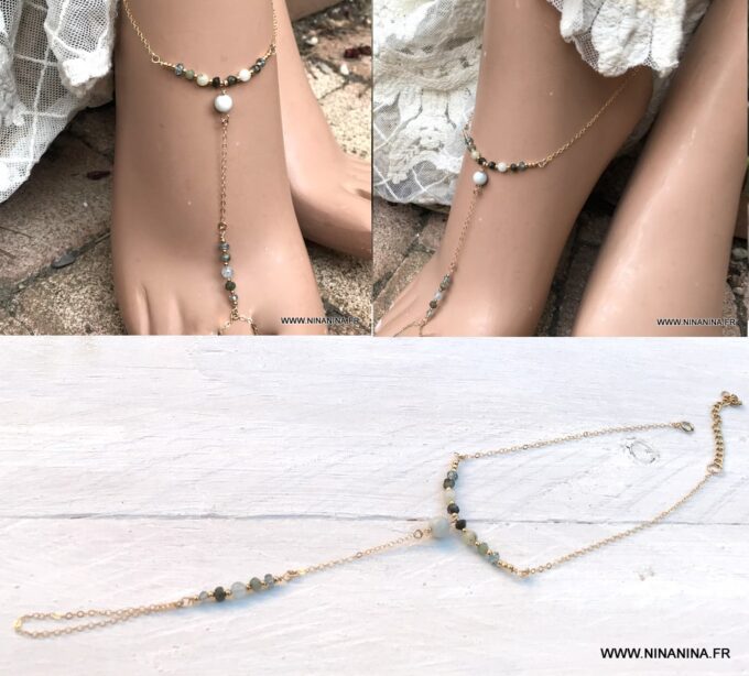 N6659e Chaine pied plaqué or aiguemarine émeraude et zircon bleu - Bijoux Chaines en ligne Ninanina