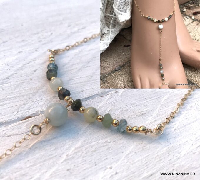 N6659f Chaine pied plaqué or aiguemarine émeraude et zircon bleu - Bijoux Chaines en ligne Ninanina