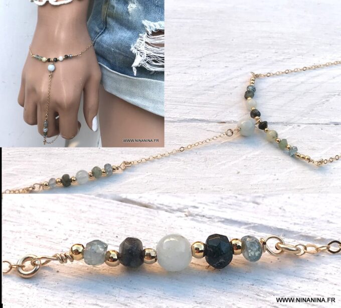 N6660a Chaine main plaqué or aiguemarine émeraude et zircon bleu - Bijoux Bracelets en ligne Ninanina
