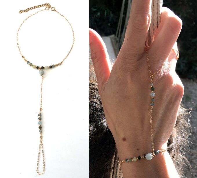 N6660h Chaine main plaqué or aiguemarine émeraude et zircon bleu - Bijoux Bracelets en ligne Ninanina