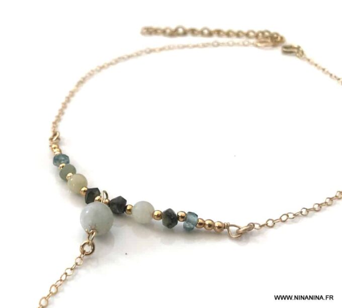 N6660i Chaine main plaqué or aiguemarine émeraude et zircon bleu - Bijoux Bracelets en ligne Ninanina
