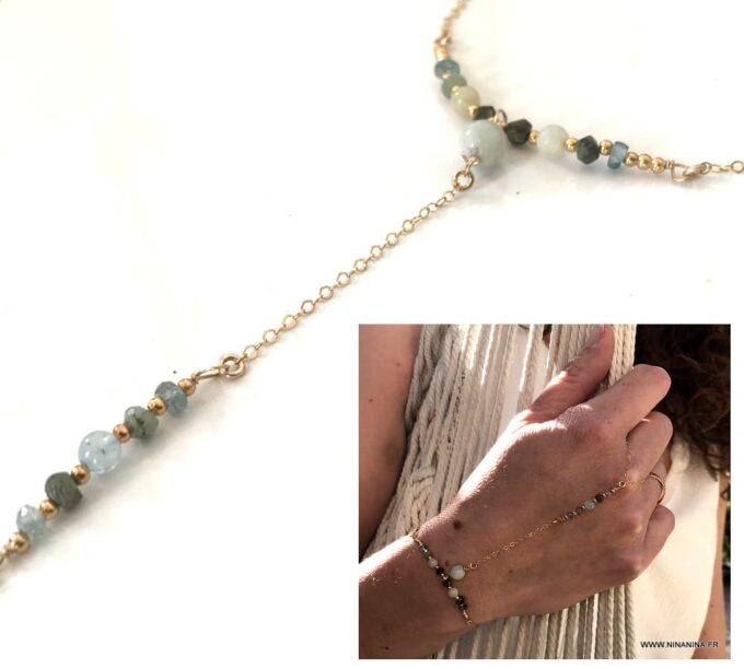 N6660k Chaine main plaqué or aiguemarine émeraude et zircon bleu - Bijoux Bracelets en ligne Ninanina