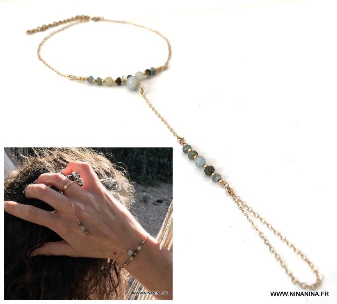 N6660l Chaine main plaqué or aiguemarine émeraude et zircon bleu - Bijoux Bracelets en ligne Ninanina