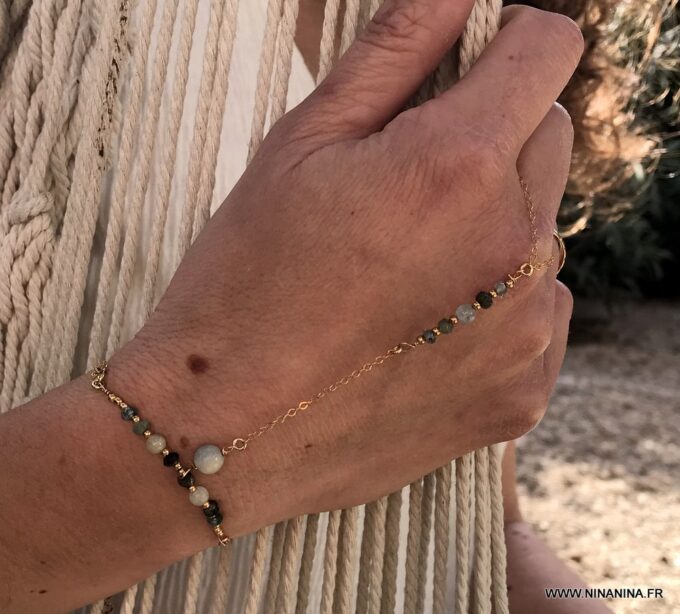 N6660n Chaine main plaqué or aiguemarine émeraude et zircon bleu - Bijoux Bracelets en ligne Ninanina