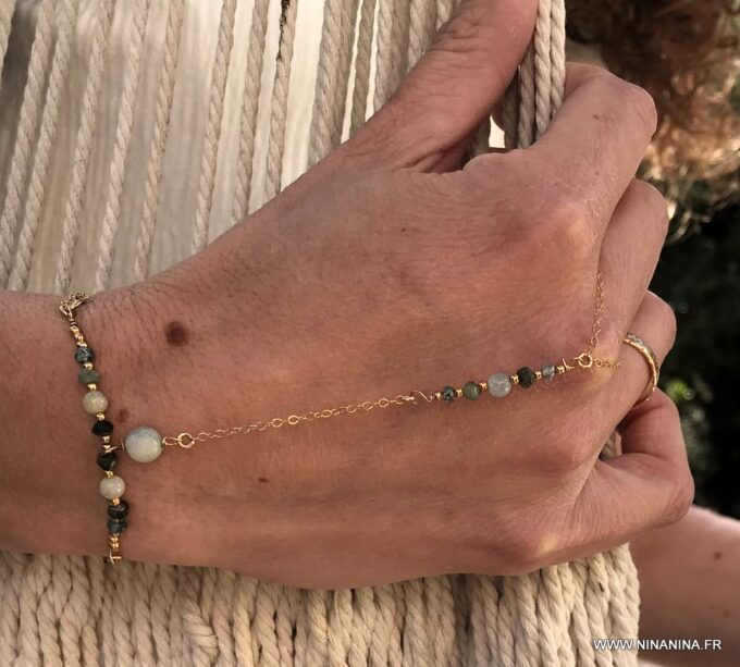 N6660o Chaine main plaqué or aiguemarine émeraude et zircon bleu - Bijoux Bracelets en ligne Ninanina