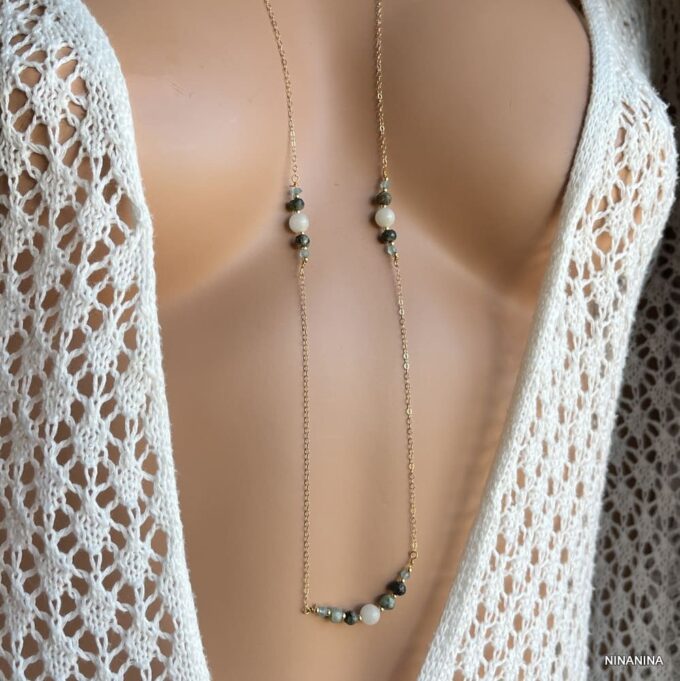 N6663c Sautoir pierres semi précieuses aiguemarine émeraude zircon - Bijoux Colliers Sautoirs originaux en ligne Ninanina