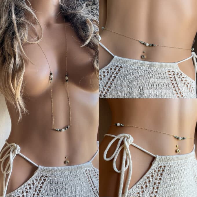 N6663d Sautoir pierres semi précieuses aiguemarine émeraude zircon - Bijoux Colliers Sautoirs originaux en ligne Ninanina