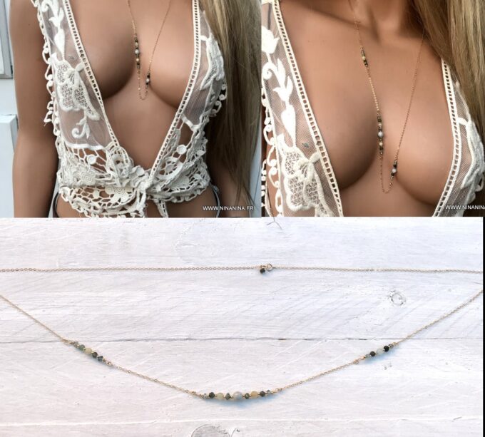 N6663e sautoir pierres semi précieuses aiguemarine, émeraude et zircon bleu - Bijoux Colliers en ligne Ninanina