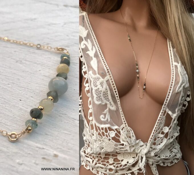 N6663f sautoir pierres semi précieuses aiguemarine, émeraude et zircon bleu - Bijoux Colliers en ligne Ninanina