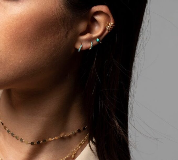 N6664 fMini créoles turquoise et plaqué or pour femme - Bijoux Boucles d oreilles en ligne Ninanina