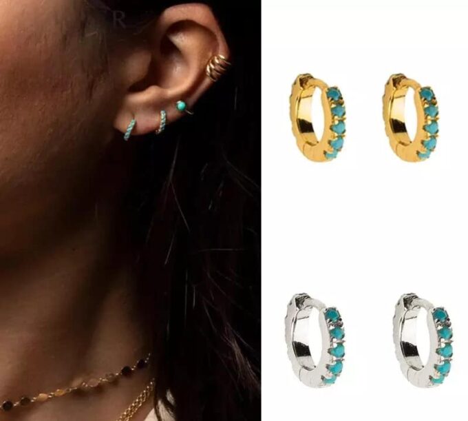 N6664c Mini créoles turquoise et plaqué or pour femme - Bijoux Boucles d oreilles en ligne Ninanina