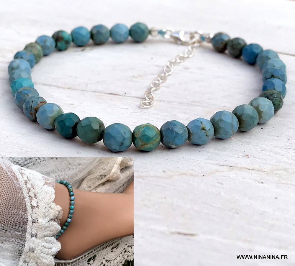 Bracelet cheville bleu turquoise naturelle argent femme - Ninanina