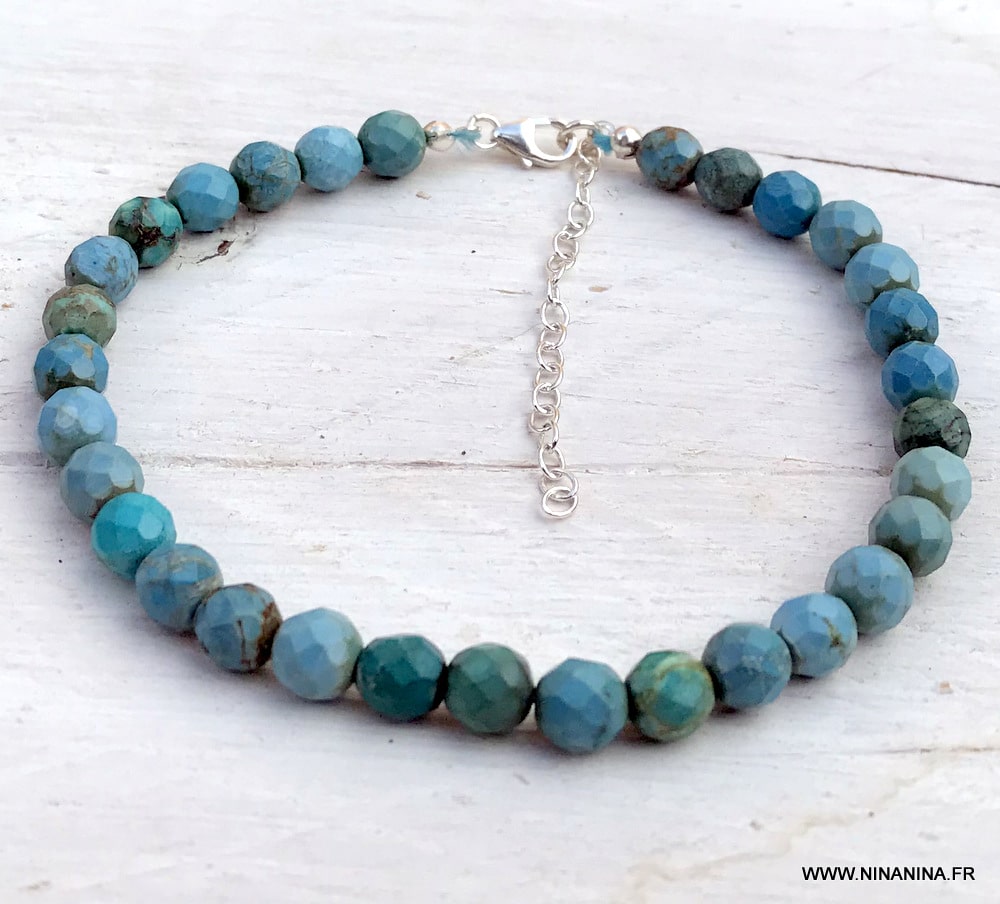 Bracelet cheville bleu turquoise naturelle argent femme - Ninanina