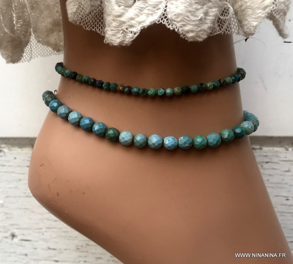 Bracelet cheville bleu turquoise naturelle argent femme - Ninanina