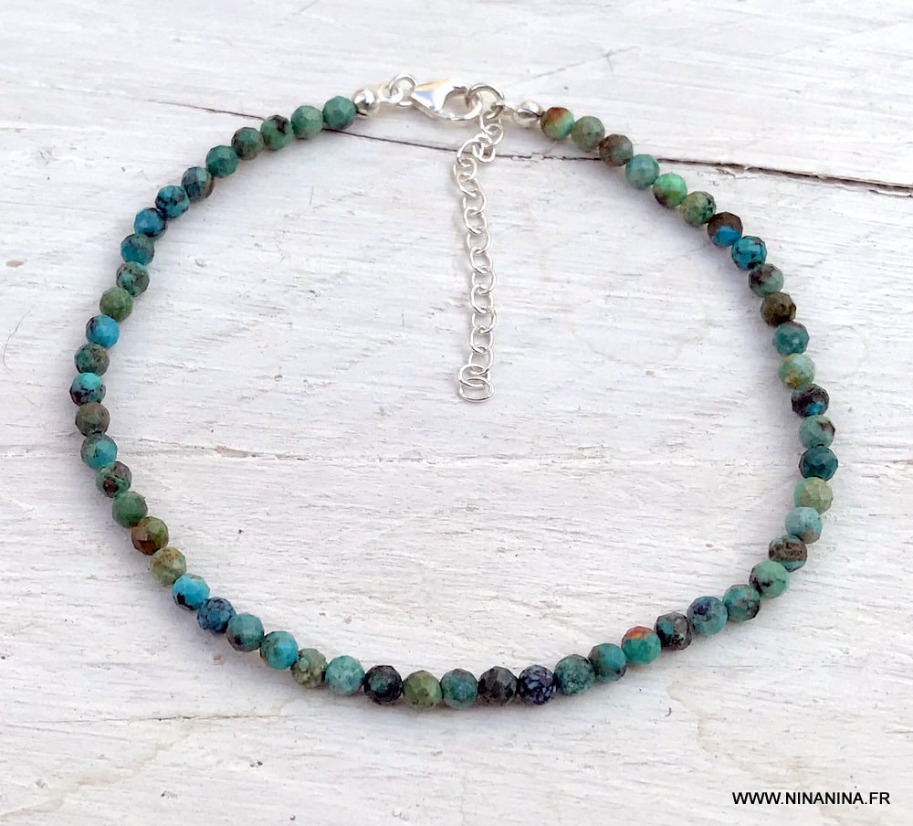 Bracelet cheville bleu turquoise naturelle argent femme - Ninanina