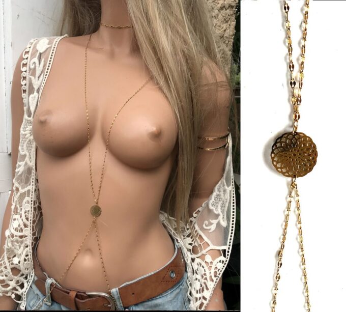 N6676b Chaine de corps or plaqué sur acier inoxydable maille fantaisie - Bijoux de corps en ligne Ninanina