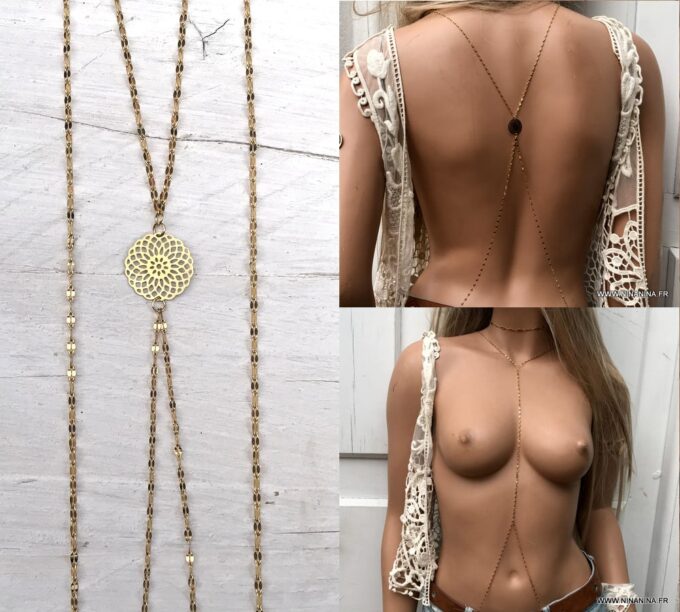 N6676d Chaine de corps or plaqué sur acier inoxydable maille fantaisie - Bijoux de corps en ligne Ninanina