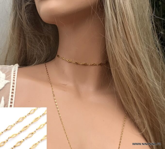 N6677b Collier ras de cou boheme doré losange acier plaqué or - Bijoux Colliers en ligne Ninanina