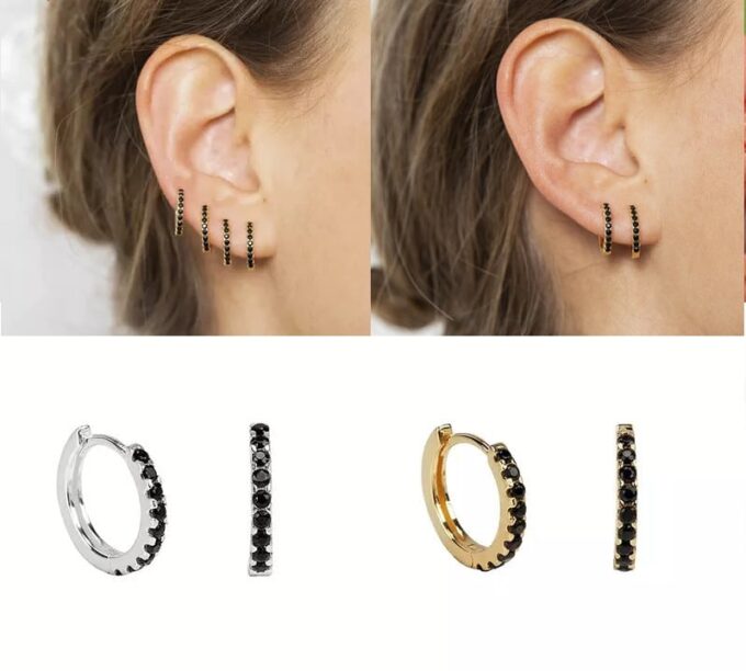 N6678c petites créoles plaqué or et zircons noirs - Bijoux Boucles d oreilles en ligne Ninanina
