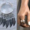 N6680 Bague plumes Argent femme style boheme chic réglable - Bijoux Bagues en ligne Ninanina