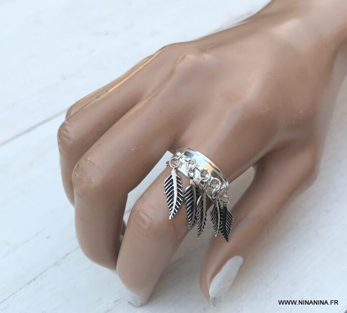 N6680a Bague plumes Argent femme style boheme chic réglable - Bijoux Bagues en ligne Ninanina