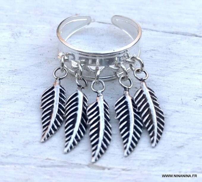 N6680b Bague plumes Argent femme style boheme chic réglable - Bijoux Bagues en ligne Ninanina