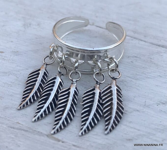 N6680d Bague plumes Argent femme style boheme chic réglable - Bijoux Bagues en ligne Ninanina