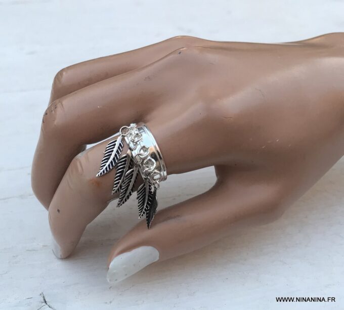 N6680e Bague plumes Argent femme style boheme chic réglable - Bijoux Bagues en ligne Ninanina