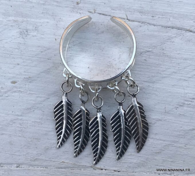 N6680f Bague plumes Argent femme style boheme chic réglable - Bijoux Bagues en ligne Ninanina