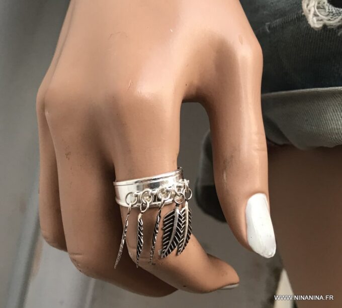 N6680g Bague plumes Argent femme style boheme chic réglable - Bijoux Bagues en ligne Ninanina