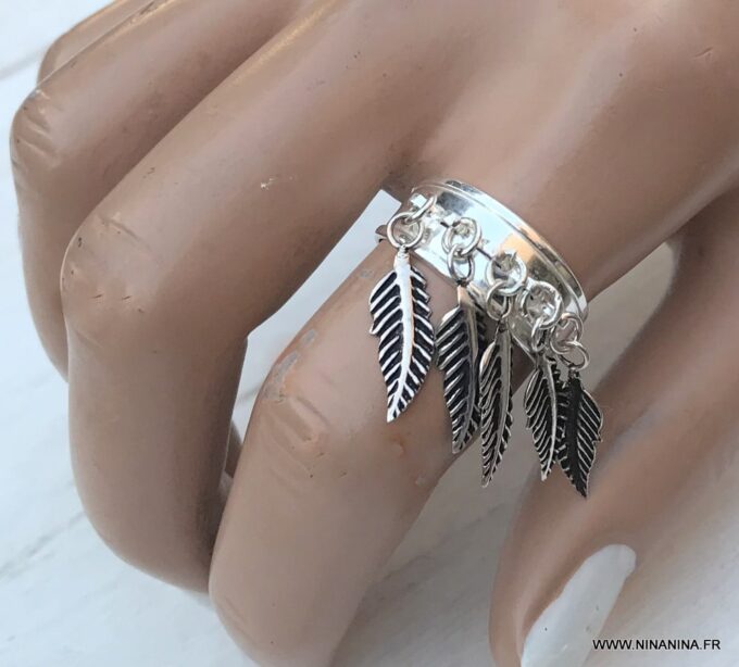 N6680h Bague plumes Argent femme style boheme chic réglable - Bijoux Bagues en ligne Ninanina