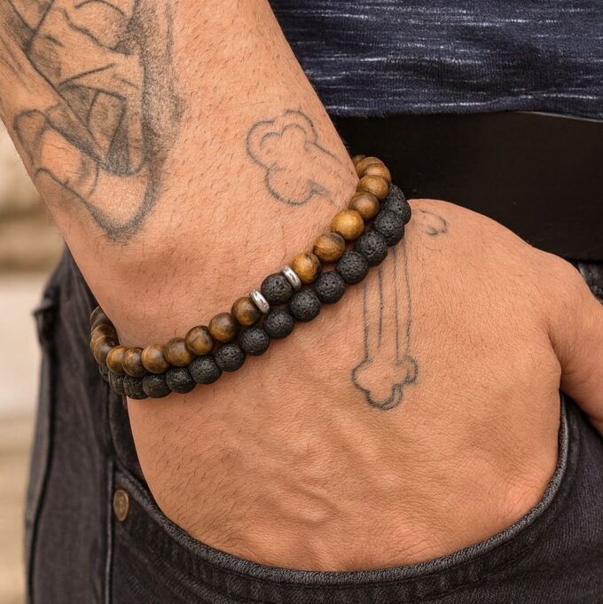 N6688 Ensemble de bracelet homme artisanal perle oeil de tigre et pierre de lave - Bijoux Bracelets hommes en ligne Ninanina