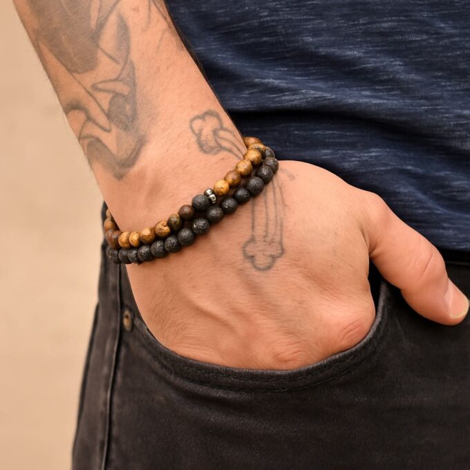 N6688a Ensemble de bracelet homme artisanal perle oeil de tigre et pierre de lave - Bijoux Bracelets hommes en ligne Ninanina