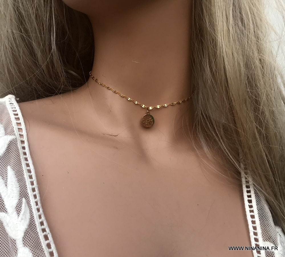 Collier ras de cou soleil acier inoxydable doré plaqué or - Ninanina