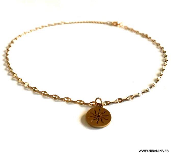 N6693f Collier ras de cou soleil acier inoxydable doré plaqué or - Bijoux Colliers en ligne Ninanina