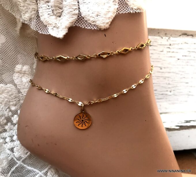 N6694 Chaine de cheville soleil doré acier inoxydable plaqué or - Bijoux Chaines de cheville en ligne Ninanina