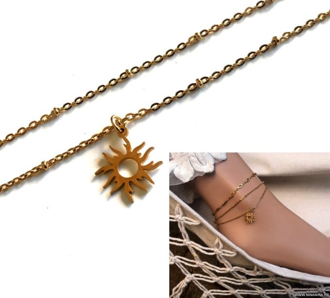 N6695a Chaine de cheville pendentif soleil doré acier inoxydable plaqué or - Bijoux Chaines de cheville en ligne Ninanina