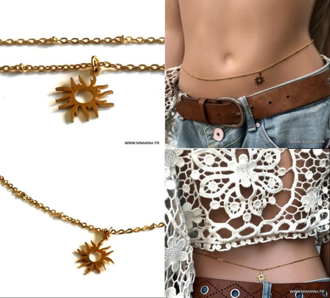 N6696a Collier autour de la taille pendentif soleil doré acier inoxydable plaqué or - Bijoux Chaines en ligne Ninanina