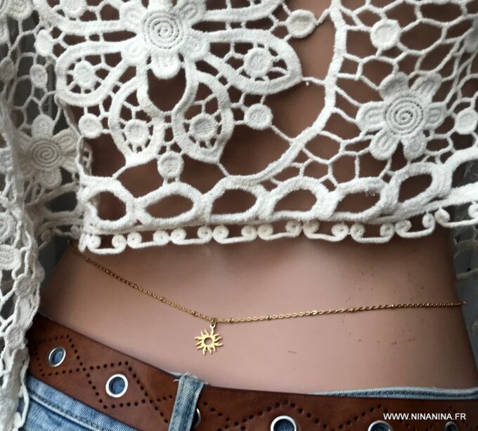 N6696b Collier autour de la taille pendentif soleil doré acier inoxydable plaqué or - Bijoux Chaines en ligne Ninanina