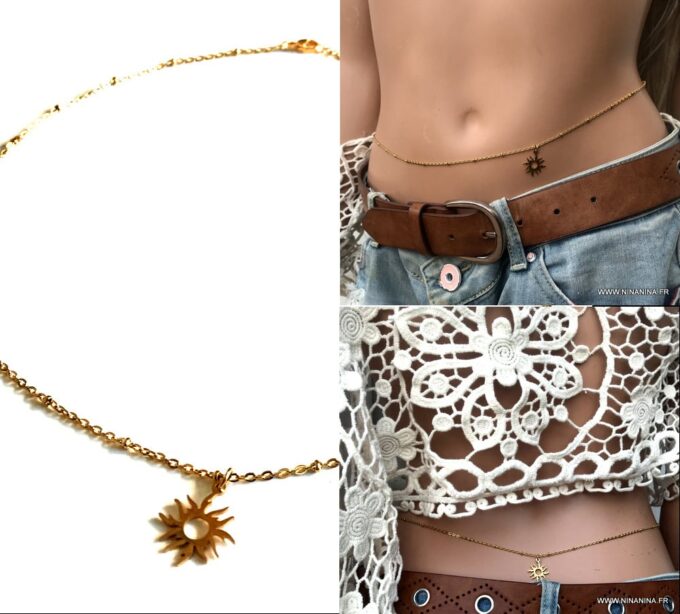 N6696d Collier autour de la taille pendentif soleil doré acier inoxydable plaqué or - Bijoux Chaines en ligne Ninanina