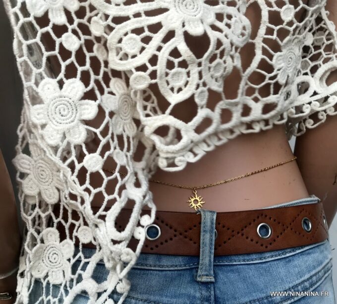 N6696e Collier autour de la taille pendentif soleil doré acier inoxydable plaqué or - Bijoux Chaines en ligne Ninanina