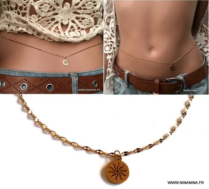 N6697a Collier tour de taille médaillon soleil doré acier inoxydable plaqué or - Bijoux Chaines en ligne Ninanina