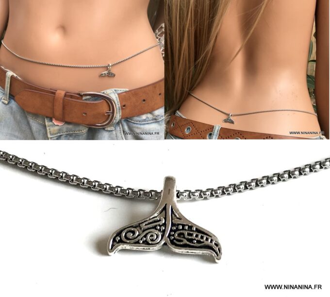 N6700e Chaine de taille acier argenté pendentif queue de baleine - Bijoux Chaines en ligne Ninanina85