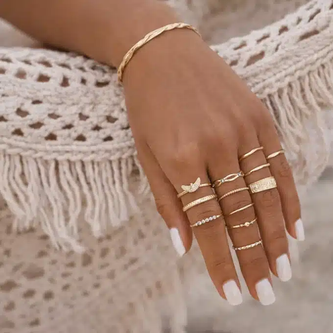 N8553d Lot de Bagues Fines Dorées pour Femme – Assortiment Tendance à Porter en Accumulation - Bijoux Bagues boheme en ligne Ninanina