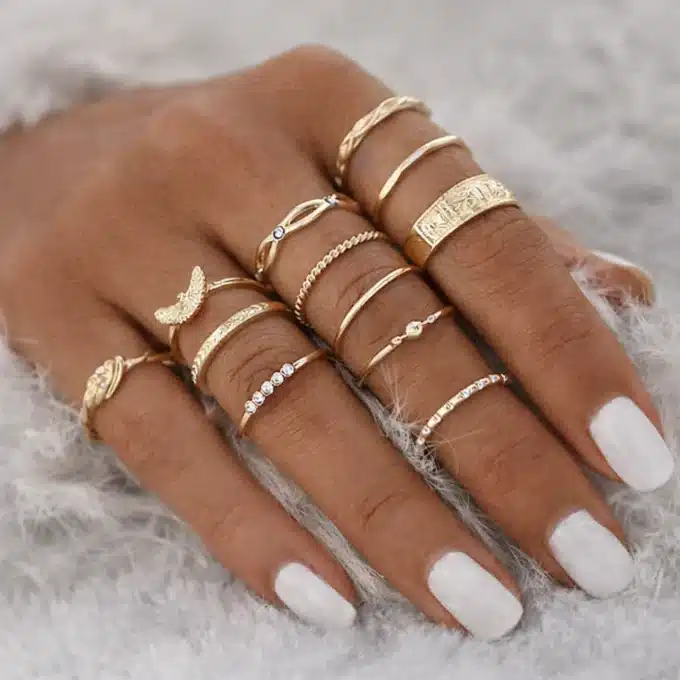 N8553e Lot de Bagues Fines Dorées pour Femme – Assortiment Tendance à Porter en Accumulation - Bijoux Bagues boheme en ligne Ninanina