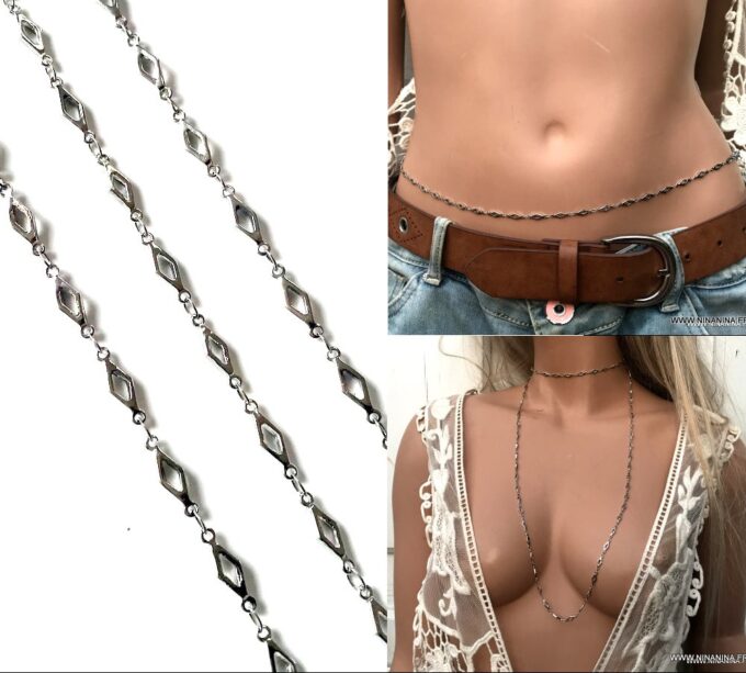 N6711a collier ventre femme - chaine de taille losange acier argenté - Bijoux Chaines en ligne Ninanina
