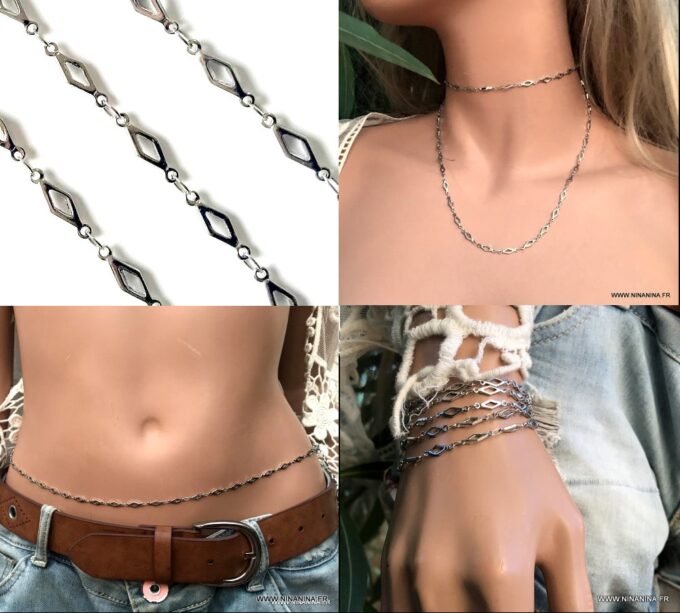 N6711f collier ventre femme - chaine de taille losange acier argenté - Bijoux Chaines en ligne Ninanina
