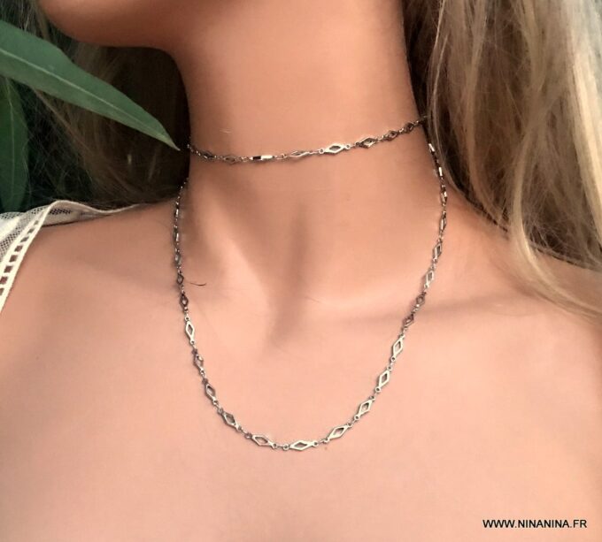 N6712b Sautoir bohème chic losange acier argenté - Bijoux Colliers en ligne Ninanina